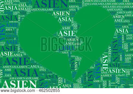 The Words 'asien, Asia, Asie, ' As Word Art, Word Cloud, Tag Cloud In Different Languages With Copy 