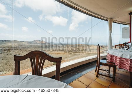 Panoramic View On Volcanic Landscapes From The Restaurant In Timanfaya National Park, Lanzarote, Spa