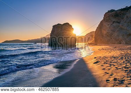 Colorful Sunset On Fyriplaka Beach, Milos, Greece. No People, Low Sun. Iconic Fyriplaka Lonely Rock 
