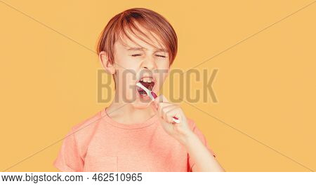 Health Care, Dental Hygiene. Little Boy Cleaning Teeth With Kids Toothbrush. Dental Hygiene
