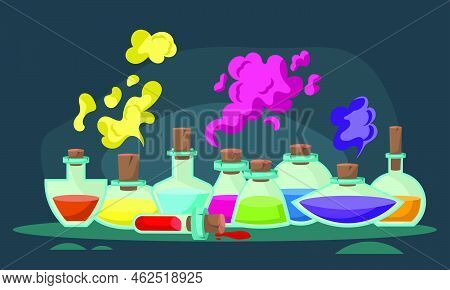 Game Icons Of Bottles With Poison Or Elixir. Cartoon Container For Health Or Energy. Collection Magi
