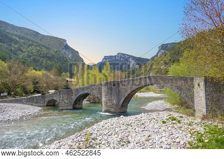 Medieval Bridge Over The River Esca In Burgi, Navarre, Spain
