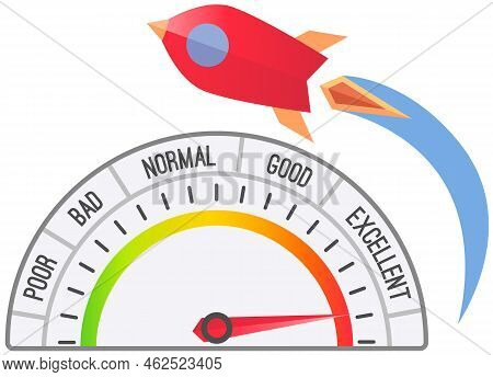 Rocket Takes Off Into Sky At High Jet Speed. Vector Illustration Spaceship And Speedometer Flat Desi