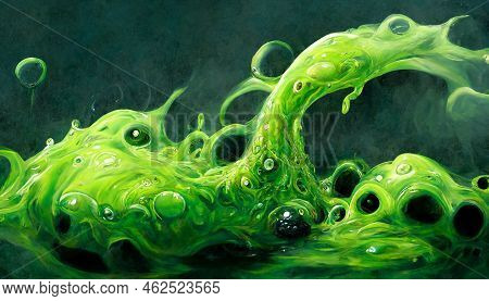 Green Poison Slime With Bubbles Boils And Steams On A Dark Green Background.