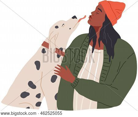 Male Pet Owner Plays With Dalmatian Dog. Caring For Four-footed Friend Concept. Doggy And Happy Afri