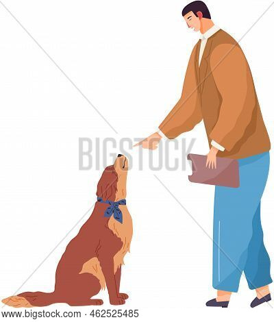 Male Pet Owner With Dog Training, Playing. Caring For Four-footed Friend Concept. Guy With Puppy, Do