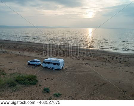 Caravan Camping Sunset Beautiful Landscape Beach Sand Dunes Near Melbystrand Laholm Sweden Coast Out