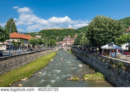 Prizren, Kosovo - June 2022: Prizren City Center View With The River, Bridge And Sinan Pasha Mosque.
