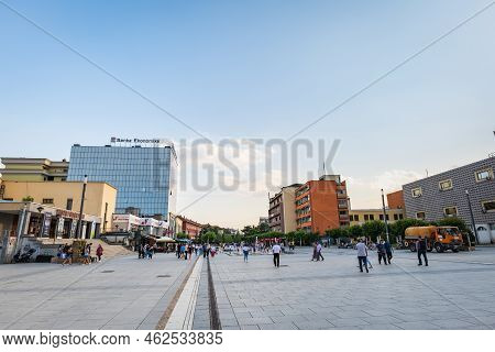 Pristina, Kosovo - June 2022: Pristina Downtown Street View In The Center. Cityscape Of The Central 