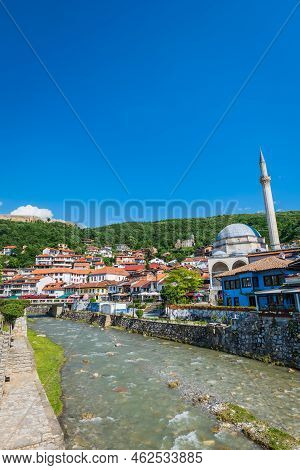 Prizren, Kosovo - June 2022: Prizren City Center View With The River, Bridge And Sinan Pasha Mosque.