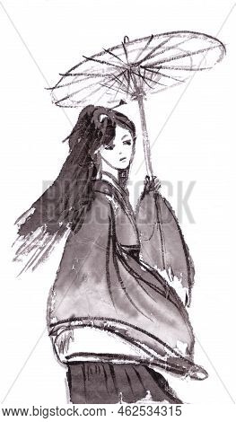 Girl With Paper Umbrella In Ancient Hanfu Chinese Style Ink Painting On Rice Paper