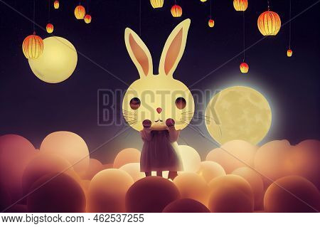 Happy Mid Autumn Festival Celebration Background With Full Moon,