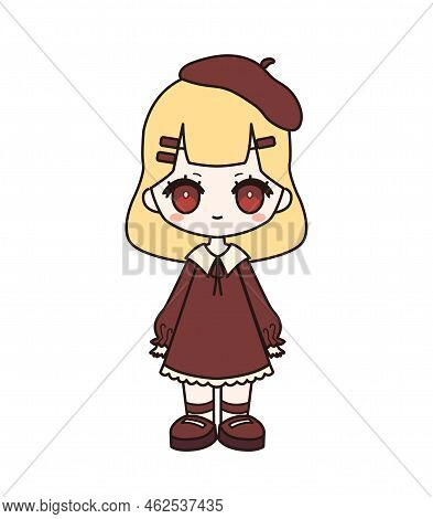 Illustration Of Isolated Cute Chibi Blonde Girl. Japanese Style Kawaii Happy Cartoon Artist Characte