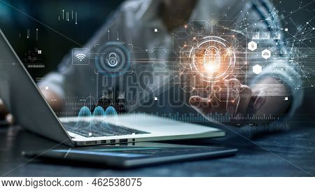 Data Security. Business People Use Laptop And Touching Digital Padlock With Data Protection. Big Dat