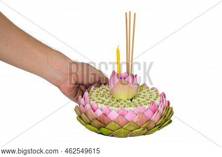 Pink Lotus Petal Krathong Decorates With Lotus And Crown Flower Holding By Hand For Thailand Full Mo