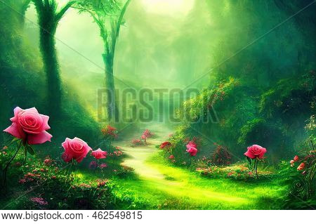 Fantasy Magical Roses Flowers Garden In Enchanted Fairy Tale Dreamy Elf Forest