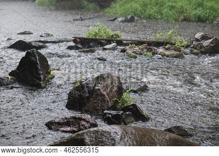 Rain On The River Gorsky Tikich Rocky Banks Near High Granite Rocks. Buksky Canyon, Cherkasy Region
