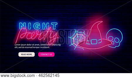 Halloween Night Party Neon Landing Page Template. Light Advertising On Brick Wall. Witch Hat, Skull 