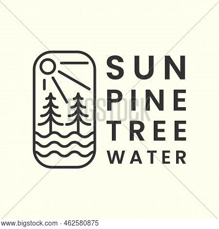 Pine Tree Line Art Logo Vector Emblem Template Illustration Design. Sun, Water Logo Concept