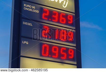 Petrol, Diesel And Liquid Gas Prices At A Filling Station In The Netherlands