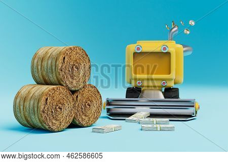 Agribusiness Concept. Making Hay For The Winter. A Harvester That Wets Money And Haystacks. 3d Rende