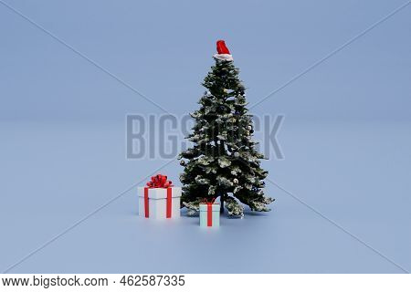 Gifts For Christmas. Christmas Tree Under Which Gifts On A Blue Background. 3d Render.