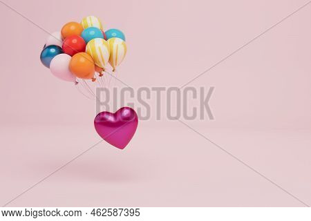 The Heart Flies Away On Multi-colored Balloons On A Pastel Background. Copy Paste, Copy Space. 3d Re