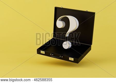 It Is Not Known What Is In The Suitcase. Open Black Case With A Question Mark On A Yellow Background