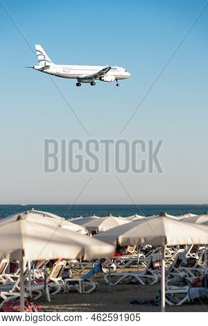 Larnaca, Cyprus - July 17, 2022: Airbus A320-232 Of Aegean Airlines Landing Over Mackenzie Beach At 
