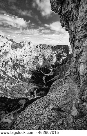 Panoramic View Of Tavernanzes Valley In Dolomites. Piz Forcia Rossa Ridge On Background. Italy. Blac