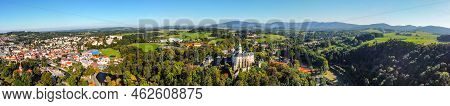 Chateau And Castle Frydlant On Sunny Autumn Day. Frydlant V Cechach, Czech Republic. Aerial Panorami