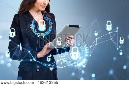 Businesswoman Smiling Working With Tablet, Double Exposure, Cybersecurity Hud Hologram With Glowing 
