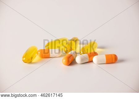 Tablets, Medications On A White Background, A Scattering Of Tablets
