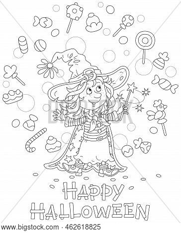 Happy Little Halloween Witch Illusionist Waving Her Magic Wand And Conjuring Funny Tricks With Flyin