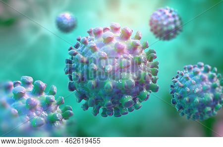 Viruses, Germs, Microbes, Microorganisms Under The Microscope. 3d Illustration Of A Microbe In High 