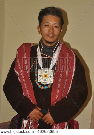 Front View Of A Ladakhi Groom From Zanskar Valley Looking At Camera With Wearing Traditional Clothes
