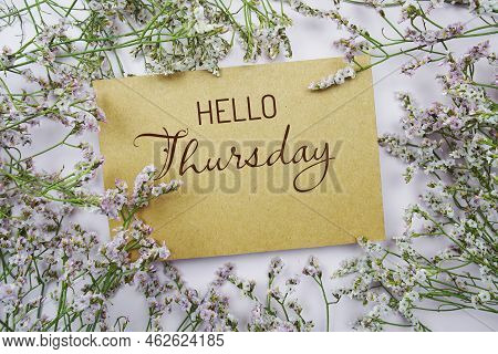 Hello Thursday Written On Paper Card With Flower Frame Decoraton On Pink Background