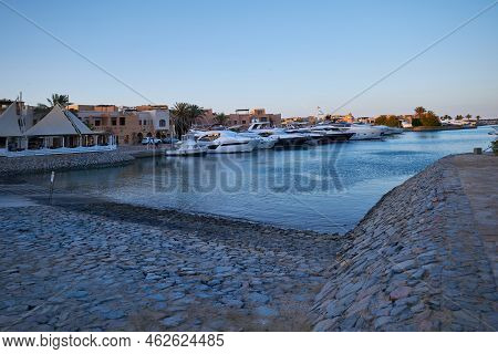 El Gouna, Hurghada, Red Sea Governorate, Egypt- September 13 2022: Abu Tig Marina In El Gouna, Egypt