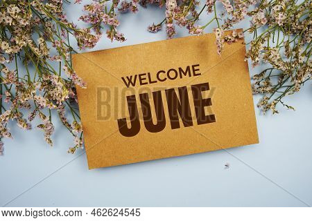 Welcome June Written On Paper Card With Flower Frame Decoraton On Pink Background