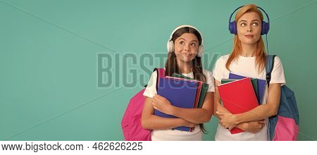 Mother And Daughter Child Banner, Copy Space, Isolated Background. Thoughtful Private Teacher And Ki