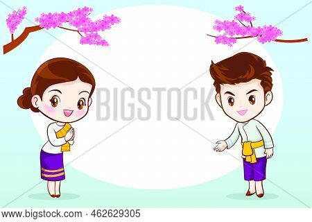 Thai Cartoon Character In Traditional Costume Presenter Sawasdee And Welcome For Template