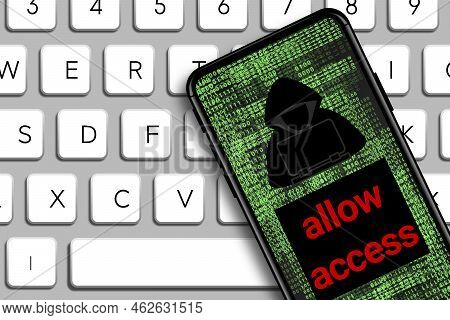 Allow Access Word And Hacker Icon In Mobile Phone With Digital Code Numbers. Concept For New Advance