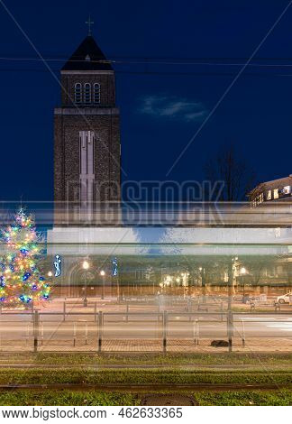 Jette, Brussels Capital Region, Belgium, 12 20 2020 - Light Trails Of A Tramway At The Charles Woest