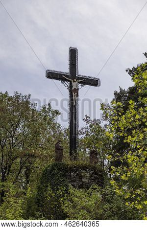 A Cross With Jesus Christ On The Top Of The Chappel Mountain Of Fransiscus From Assisi In Brive In F