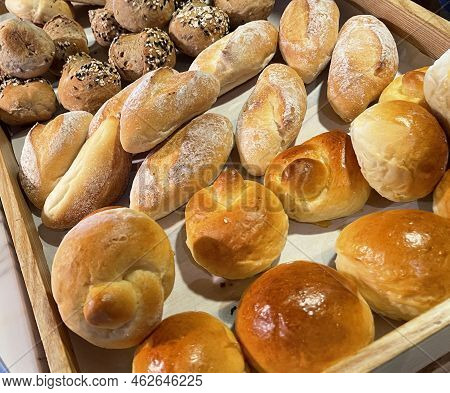 Fresh Baked Soft Bread Rolls And Hard Bread Rolls. Warm Fresh Buttery Rolls. Bakery Goodness Good Fo