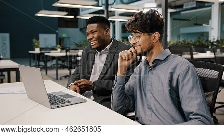 Side View Diverse Happy Colleagues Men African Businessman Talking With Arabian Employee Worker Havi