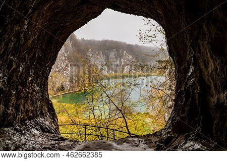 Plitvice Lakes National Park During Colorful Autumn, Croatia, Europe. Fall Colors Leafs On Trees. Wa