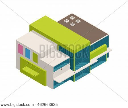 Isometric Mall Shopping Centre Building With Glass Windows Advertising Banners 3d Vector Illustratio