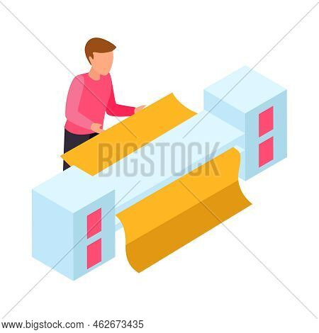 Laundry Room Isometric Icon With Character Using Ironing Mangle 3d Vector Illustration