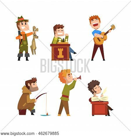 Creative Job, Profession Or Hobby Set. Fisherman, Chess Player, Guitarist, Poet, Flutist Vector Illu
